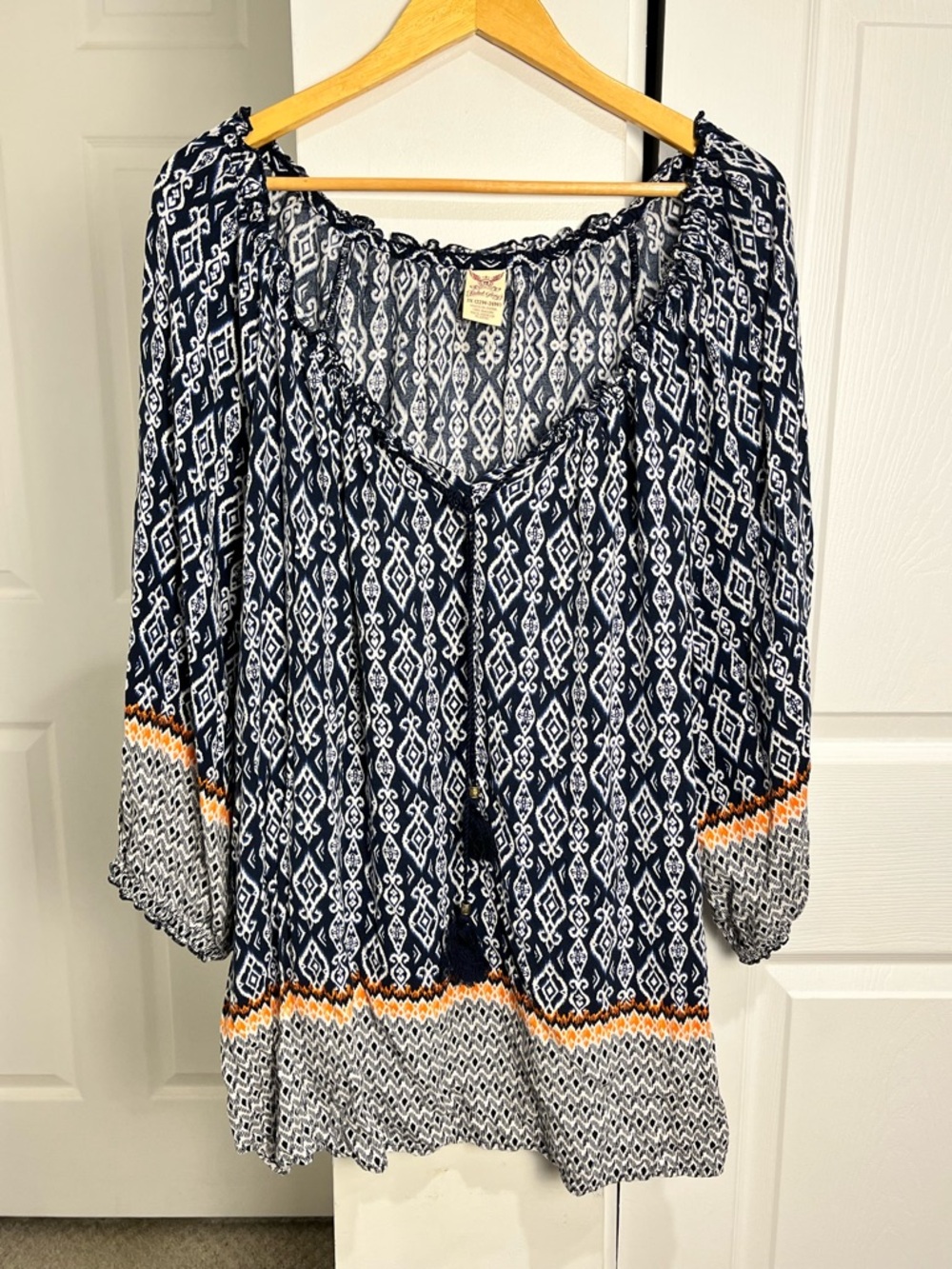 Faded Glory Womens Plus Size 3X Boho Stripe Mosaic Tassled Top 3/4 Sleeve Hippie
